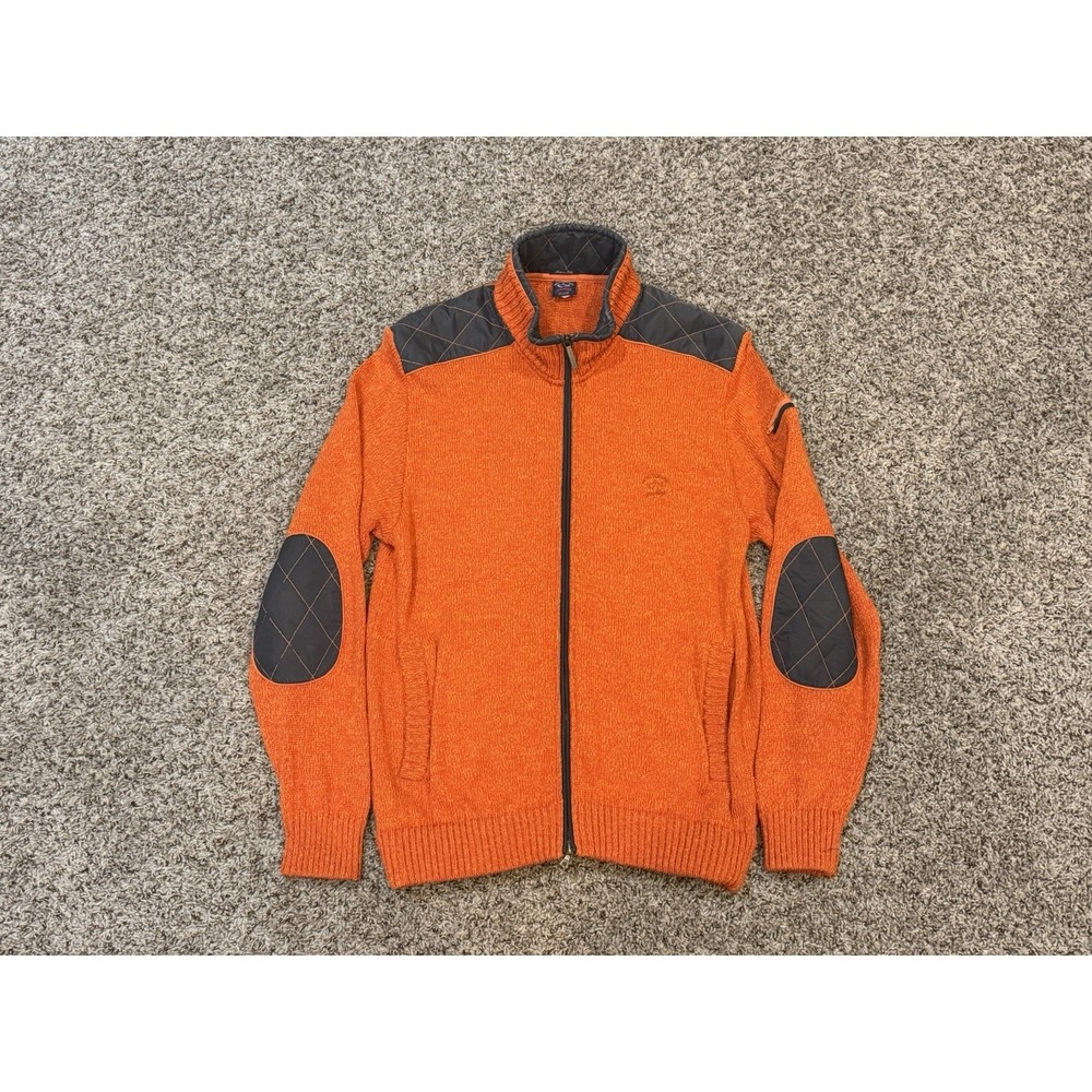 Paul & Shark Yachting Sweater Mens Large Orange Full Zip Wool Knit Small Flaws
